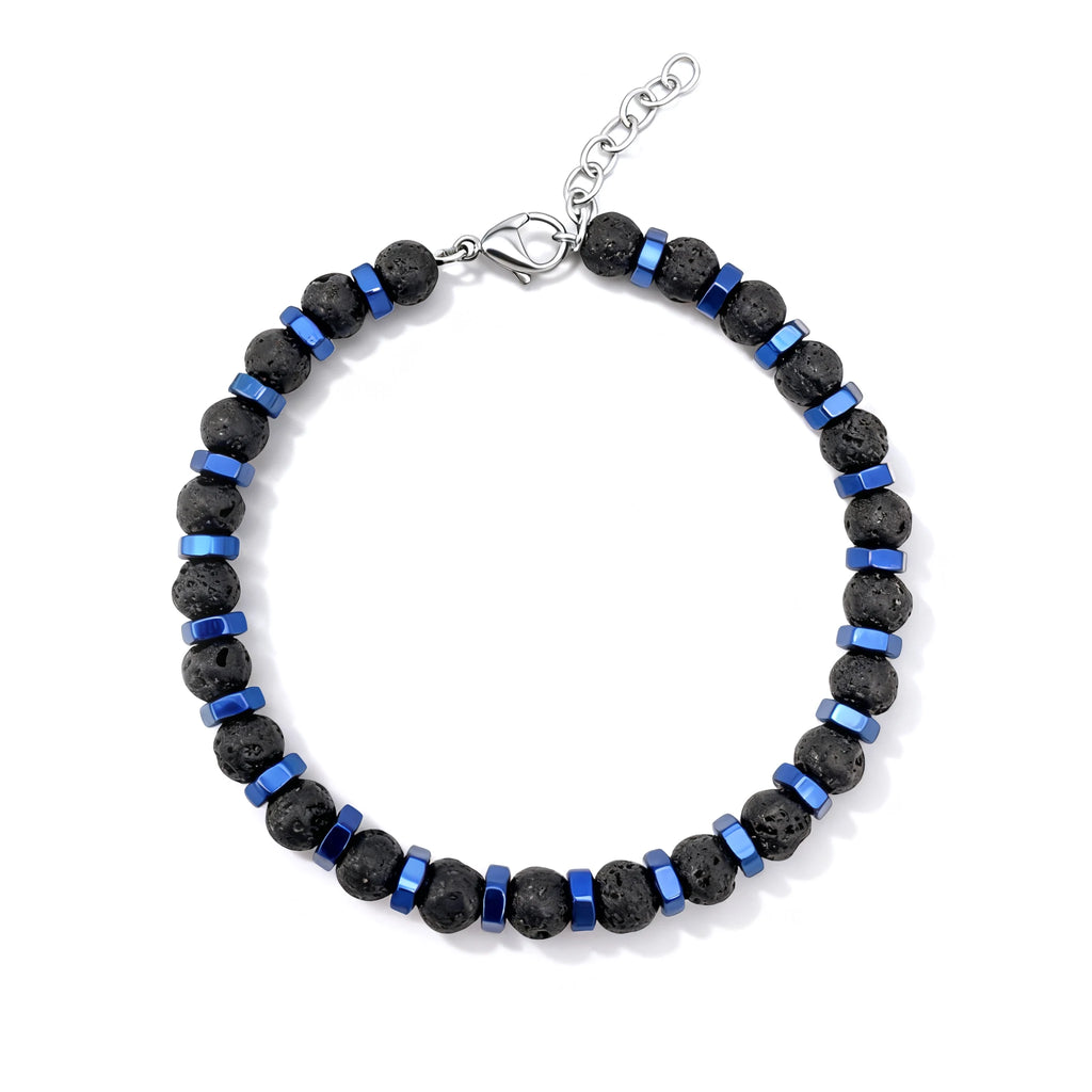 Black Lava Stone & Blue Hex Steel Bead Bracelet – Modern Geometric Style – | Metta Jewelry
