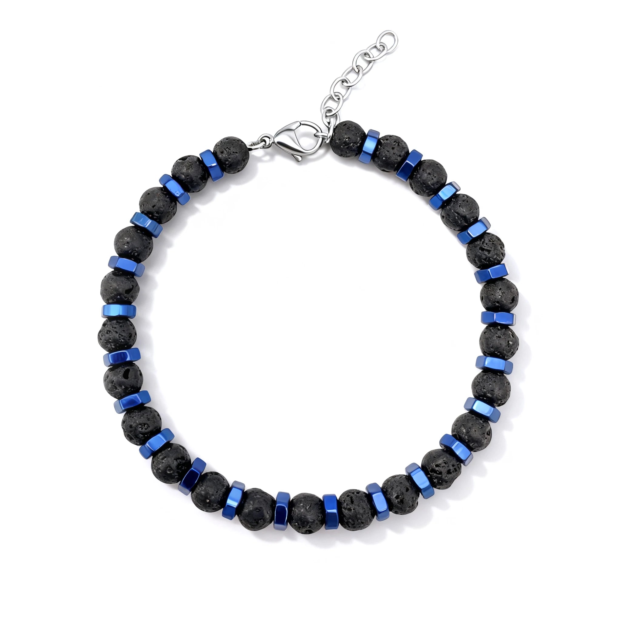 Black Lava Stone & Blue Hex Steel Bead Bracelet – Modern Geometric Style – | Metta Jewelry