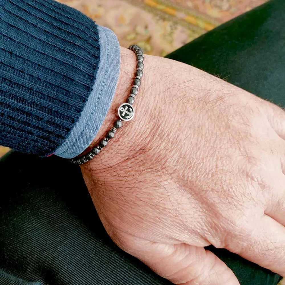 Hematite & Stainless Steel Anchor Disc Bead Bracelet – Modern Minimal Style – | Metta Jewelry