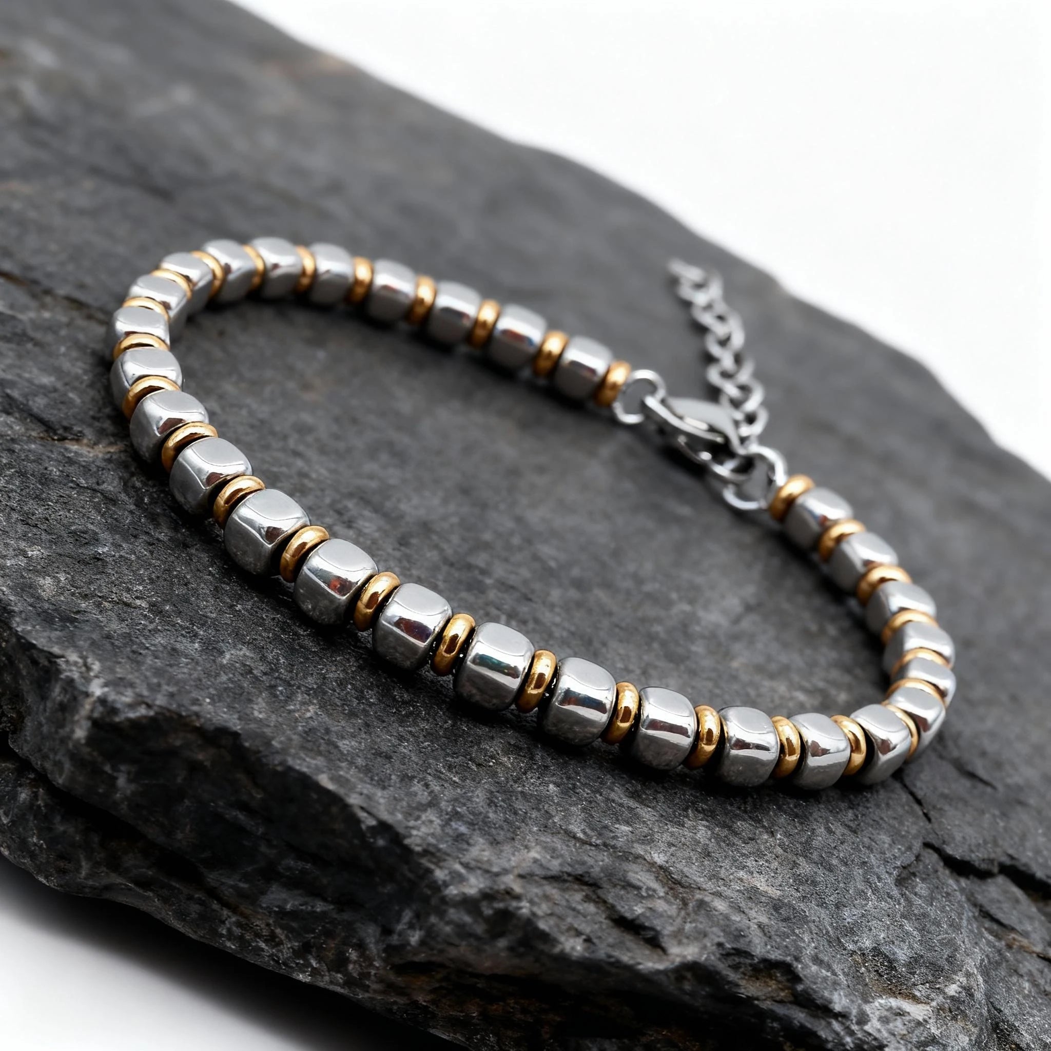 Stainless Steel & Rose Gold Ring Bead Bracelet – Modern Minimal Style – | Metta Jewelry