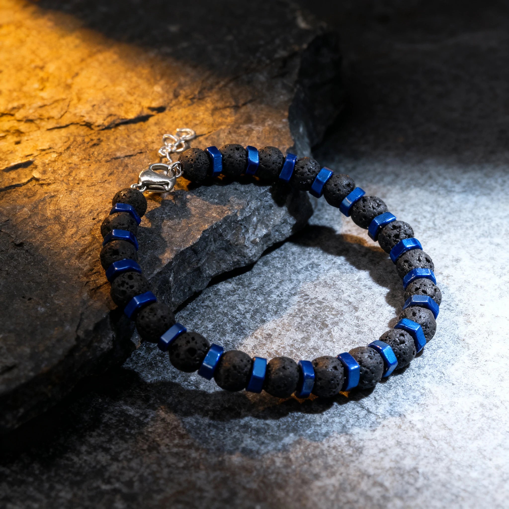 Black Lava Stone & Blue Hex Steel Bead Bracelet – Modern Geometric Style – | Metta Jewelry