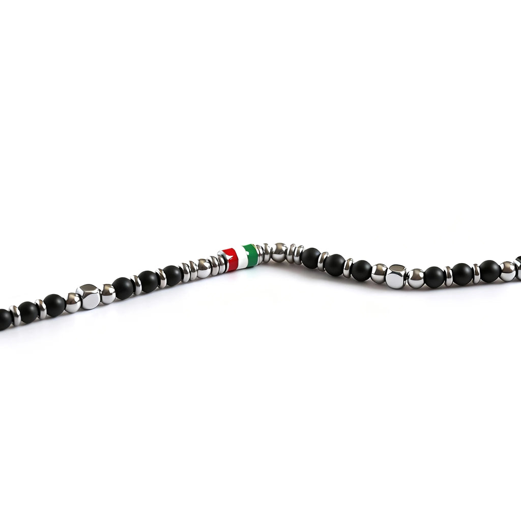 Obsidian & Steel Spacer Bead Bracelet with Flag Accent – | Metta Jewelry