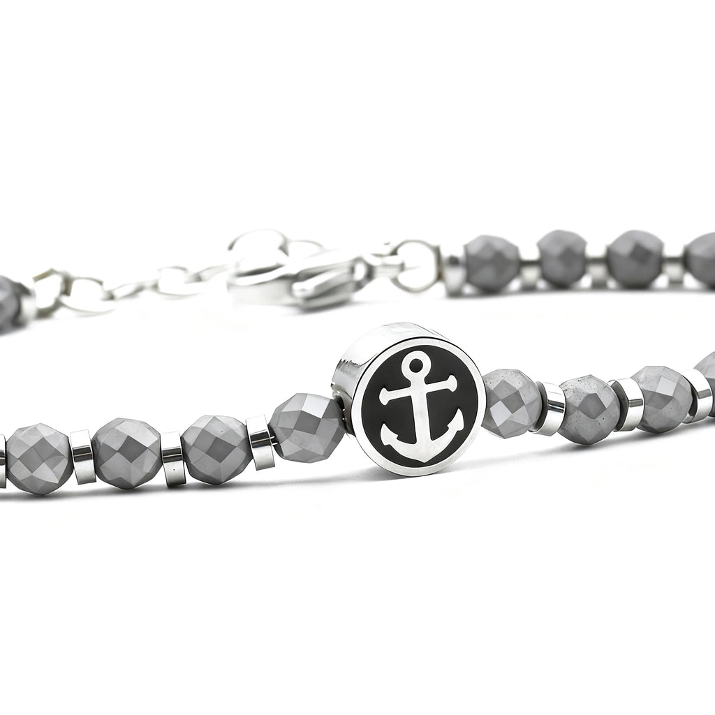 Hematite & Stainless Steel Anchor Disc Bead Bracelet – Modern Minimal Style – | Metta Jewelry