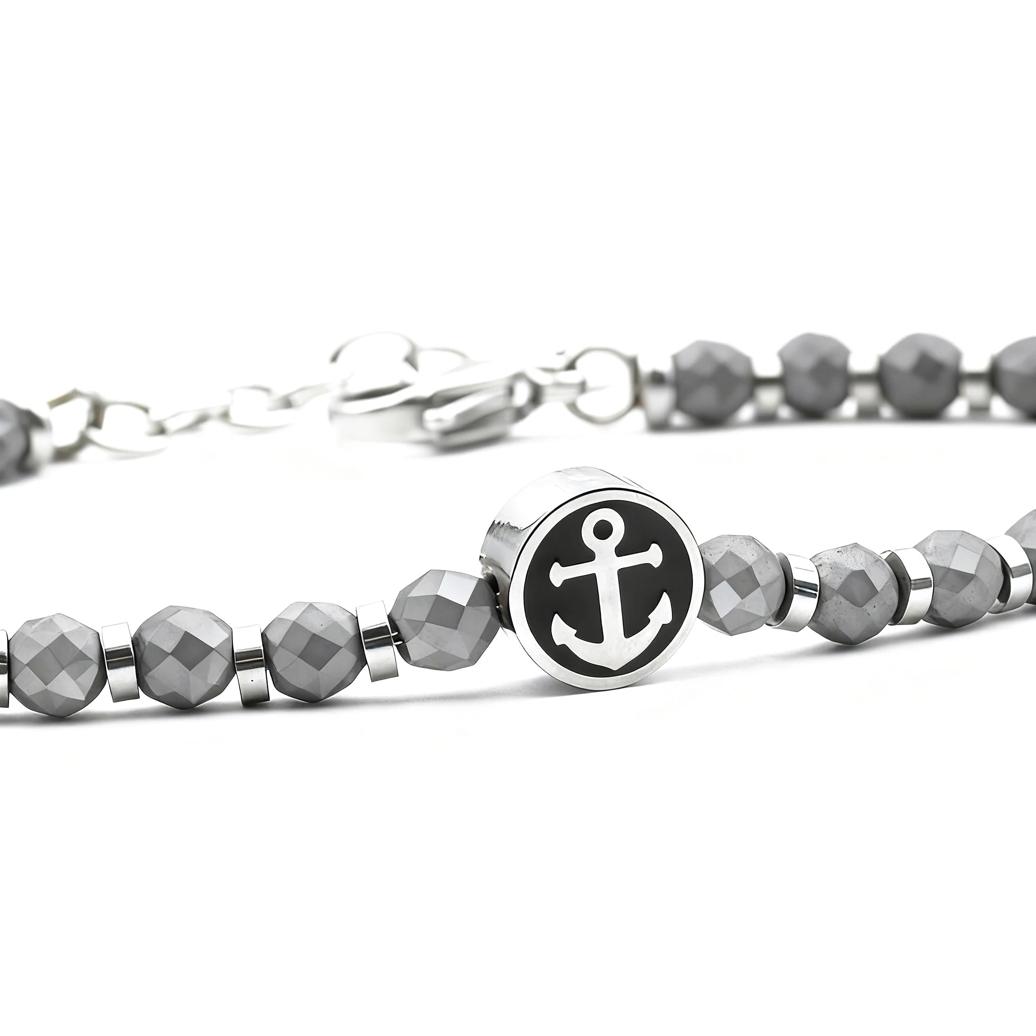Hematite & Stainless Steel Anchor Disc Bead Bracelet – Modern Minimal Style – | Metta Jewelry