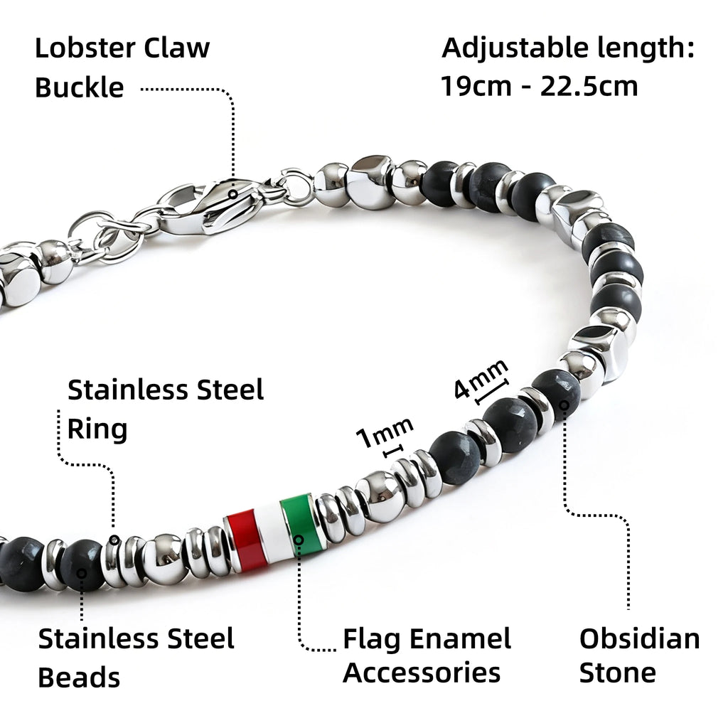 Black Obsidian & Flag Enamel Stainless Steel Bead Bracelet – Modern Minimal Style – | Metta Jewelry