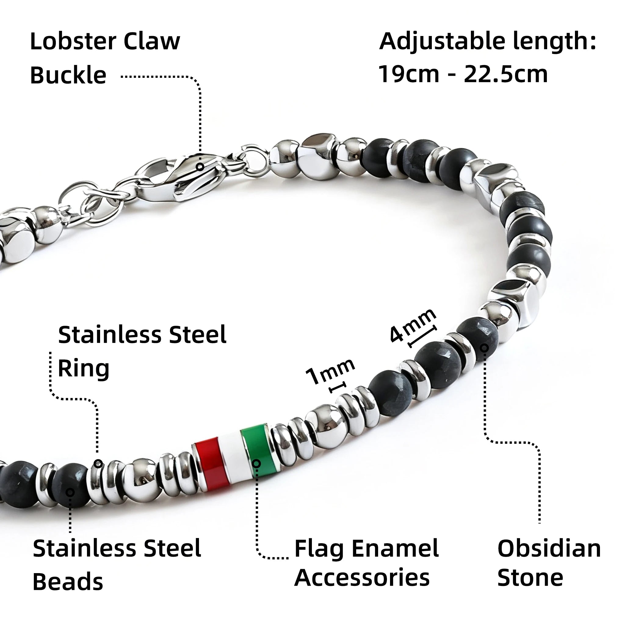 Black Obsidian & Flag Enamel Stainless Steel Bead Bracelet – Modern Minimal Style – | Metta Jewelry