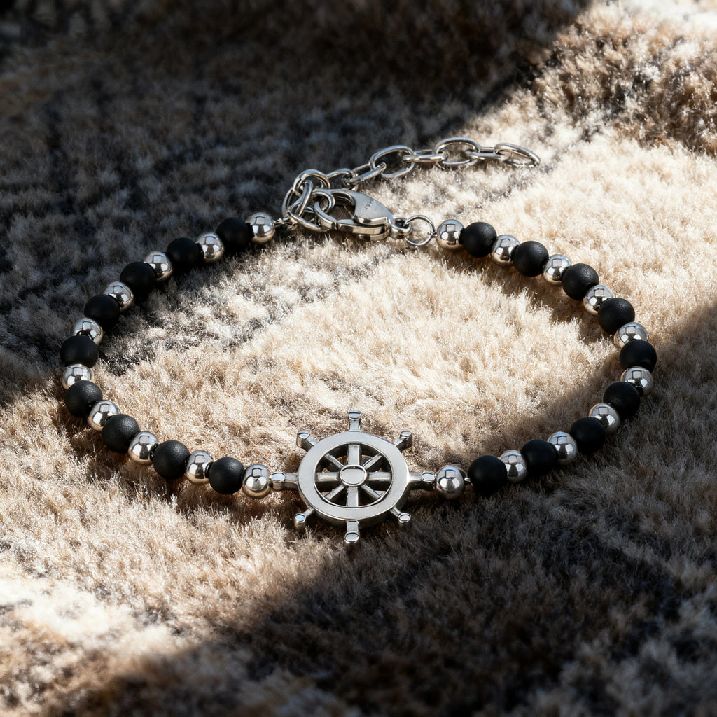 Obsidian & Stainless Steel Rudder Bead Bracelet – Modern Minimal Style – | Metta Jewelry