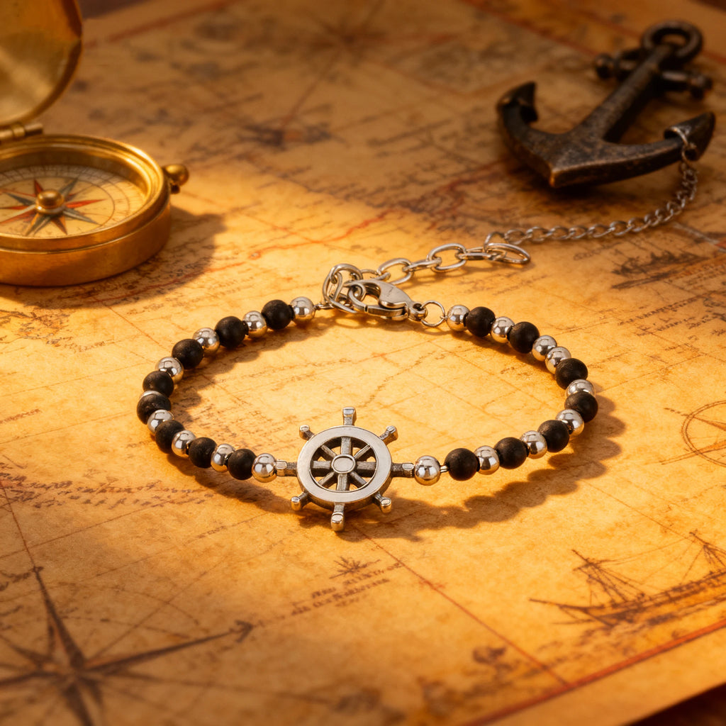 Obsidian & Stainless Steel Rudder Bead Bracelet – Modern Minimal Style – | Metta Jewelry