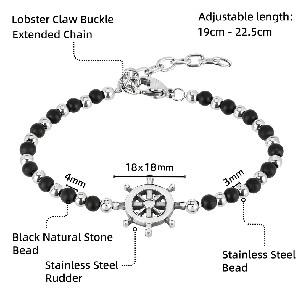 Obsidian & Stainless Steel Rudder Bead Bracelet – Modern Minimal Style – | Metta Jewelry