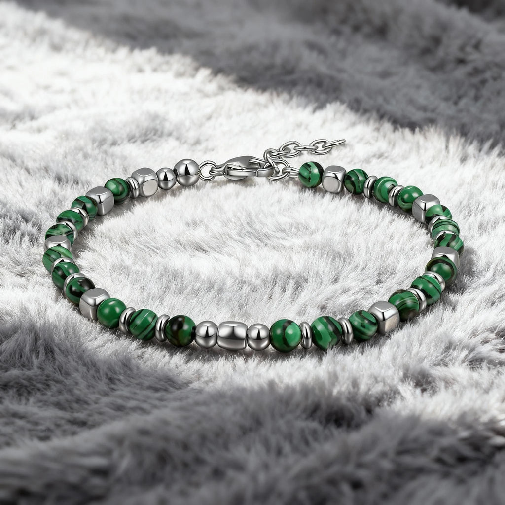 Malachite & Stainless Steel Bead Bracelet – Modern Minimal Style – | Metta Jewelry