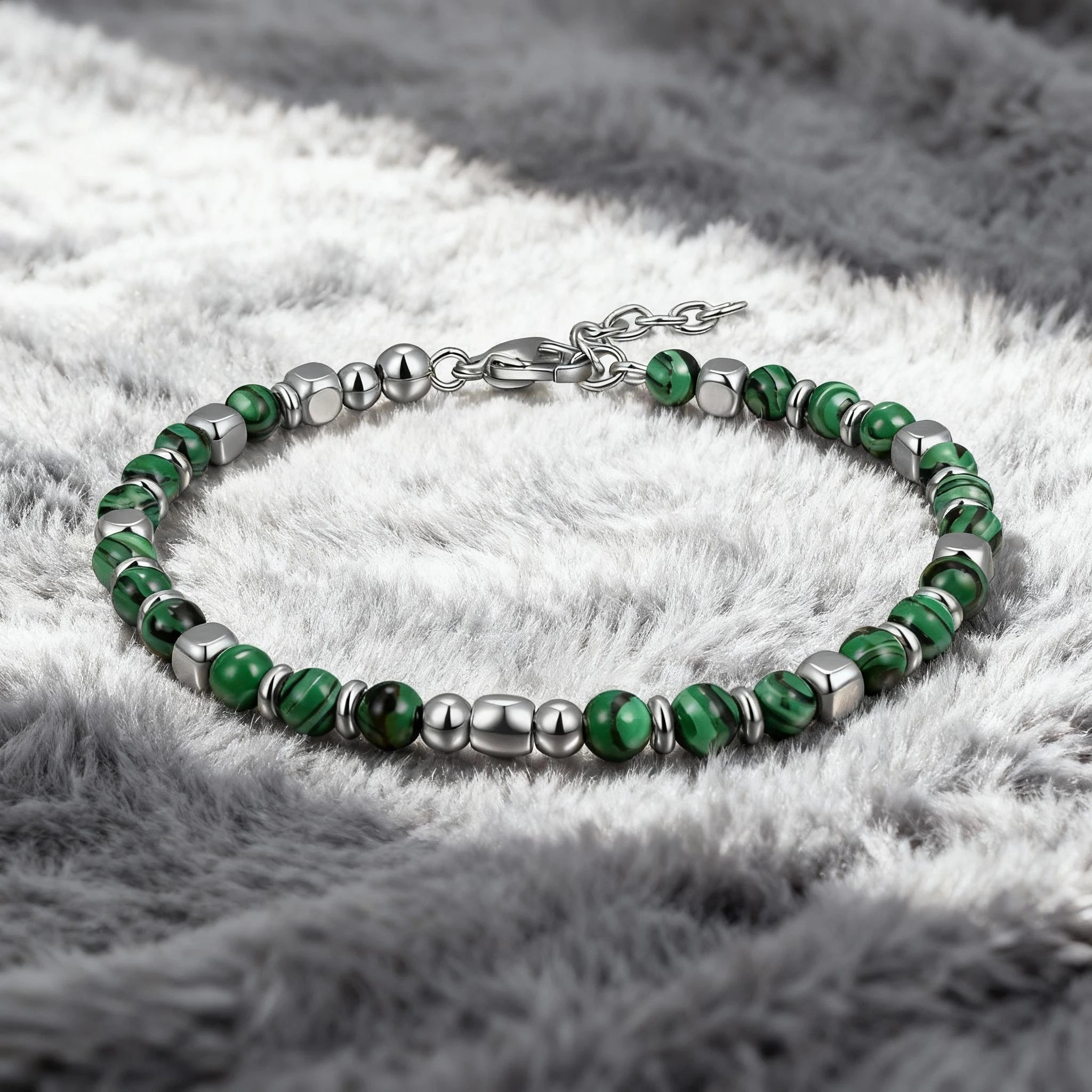 Malachite & Stainless Steel Bead Bracelet – Modern Minimal Style – | Metta Jewelry