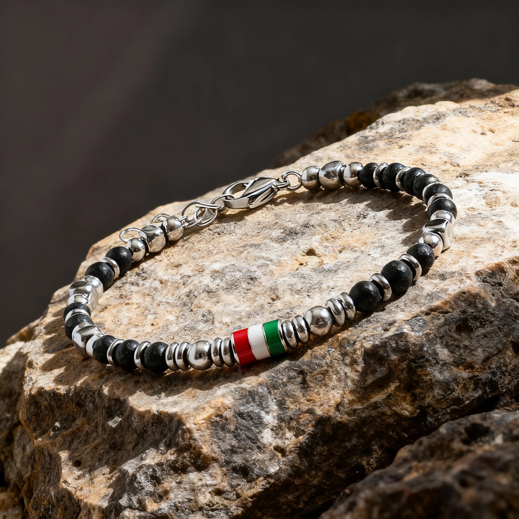 Black Obsidian & Flag Enamel Stainless Steel Bead Bracelet – Modern Minimal Style – | Metta Jewelry