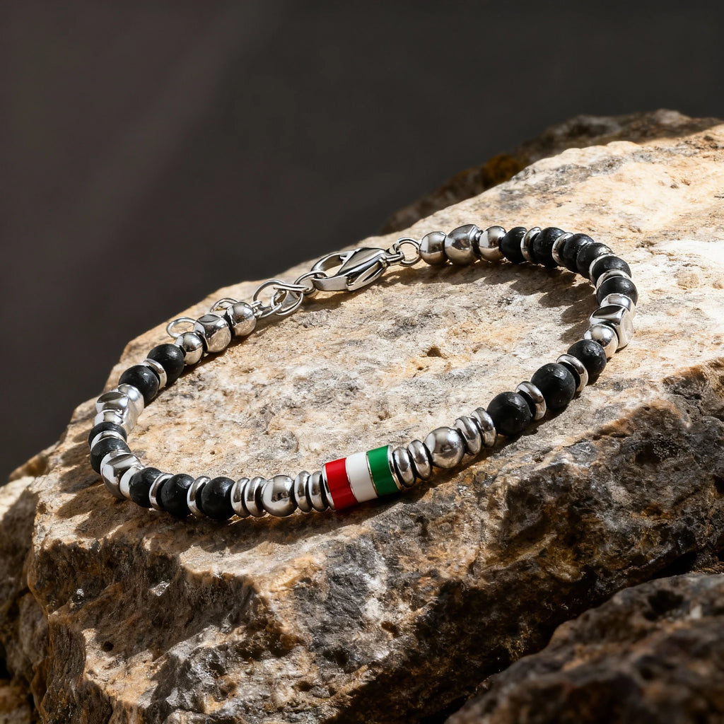 Obsidian & Steel Spacer Bead Bracelet with Flag Accent – | Metta Jewelry
