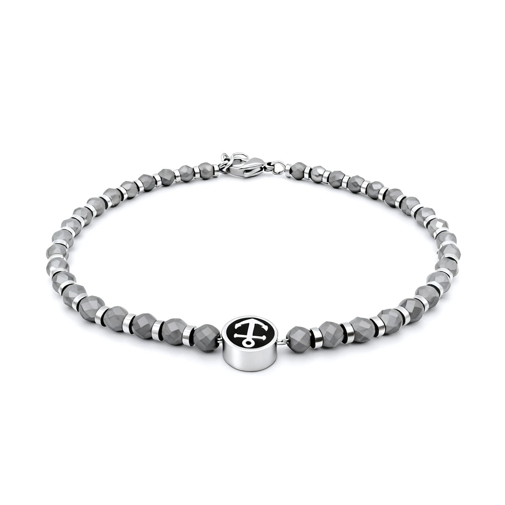 Hematite & Stainless Steel Anchor Disc Bead Bracelet – Modern Minimal Style – | Metta Jewelry