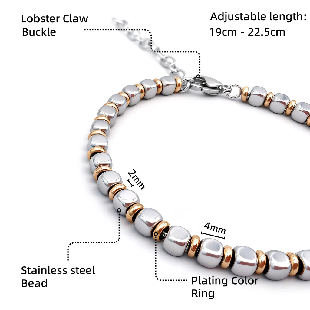 Stainless Steel & Rose Gold Ring Bead Bracelet – Modern Minimal Style – | Metta Jewelry