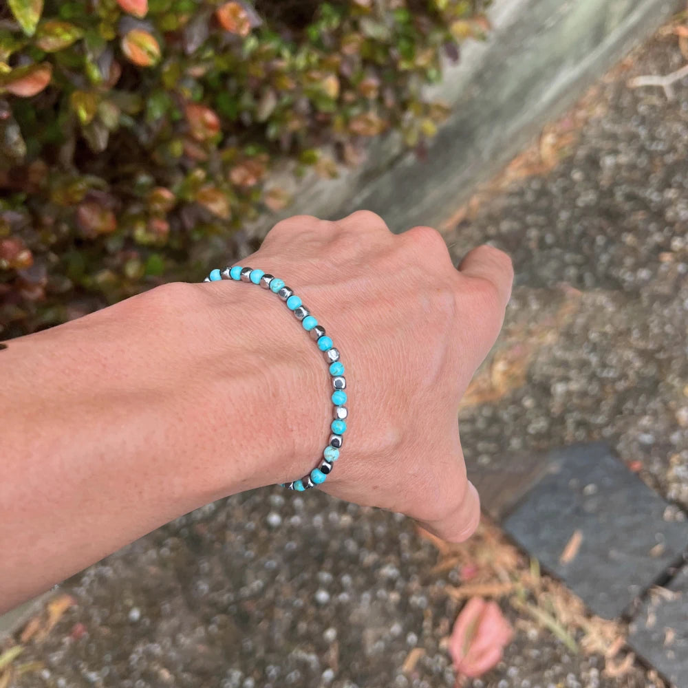 Turquoise & Cube Stainless Steel Bead Bracelet – Modern Minimal Style – | Metta Jewelry