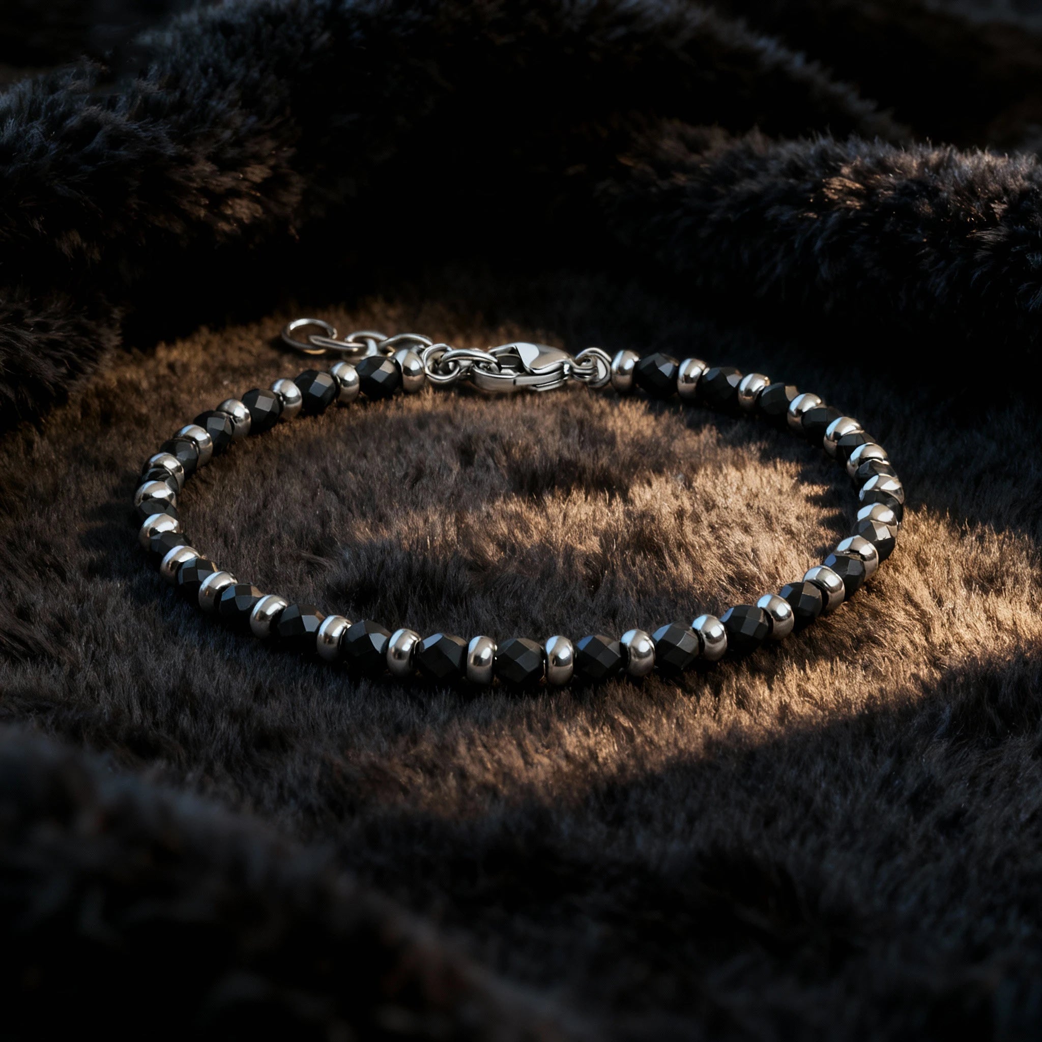 Faceted Bead & Ring Steel Stone Bracelet – Hematite – | Metta Jewelry