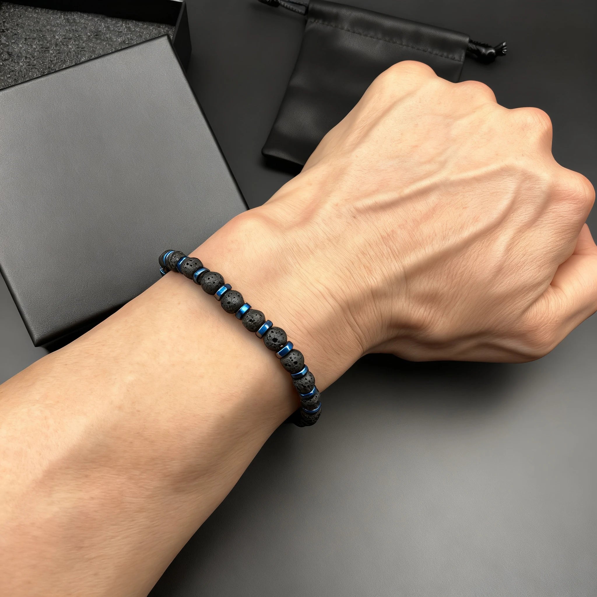 Black Lava Stone & Blue Hex Steel Bead Bracelet – Modern Geometric Style – | Metta Jewelry