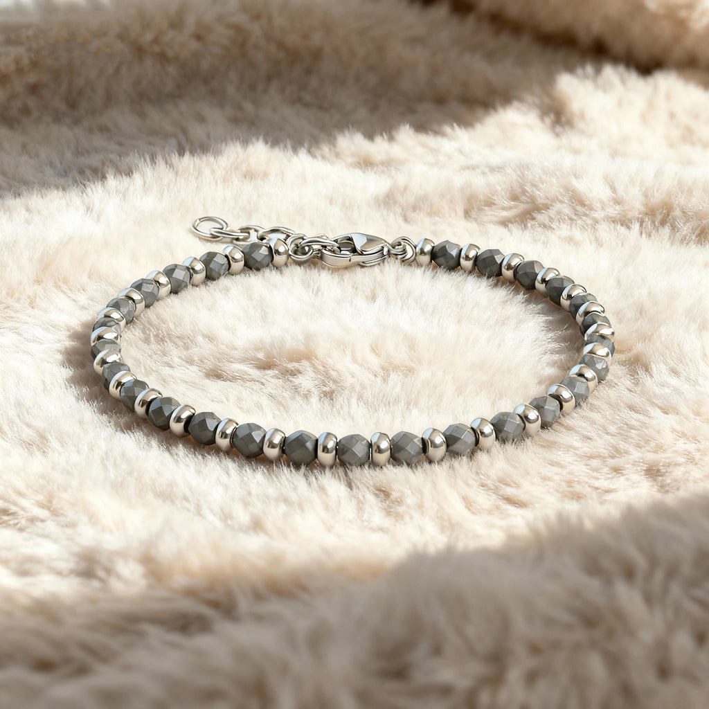 Faceted Bead & Ring Steel Stone Bracelet – Hematite – | Metta Jewelry