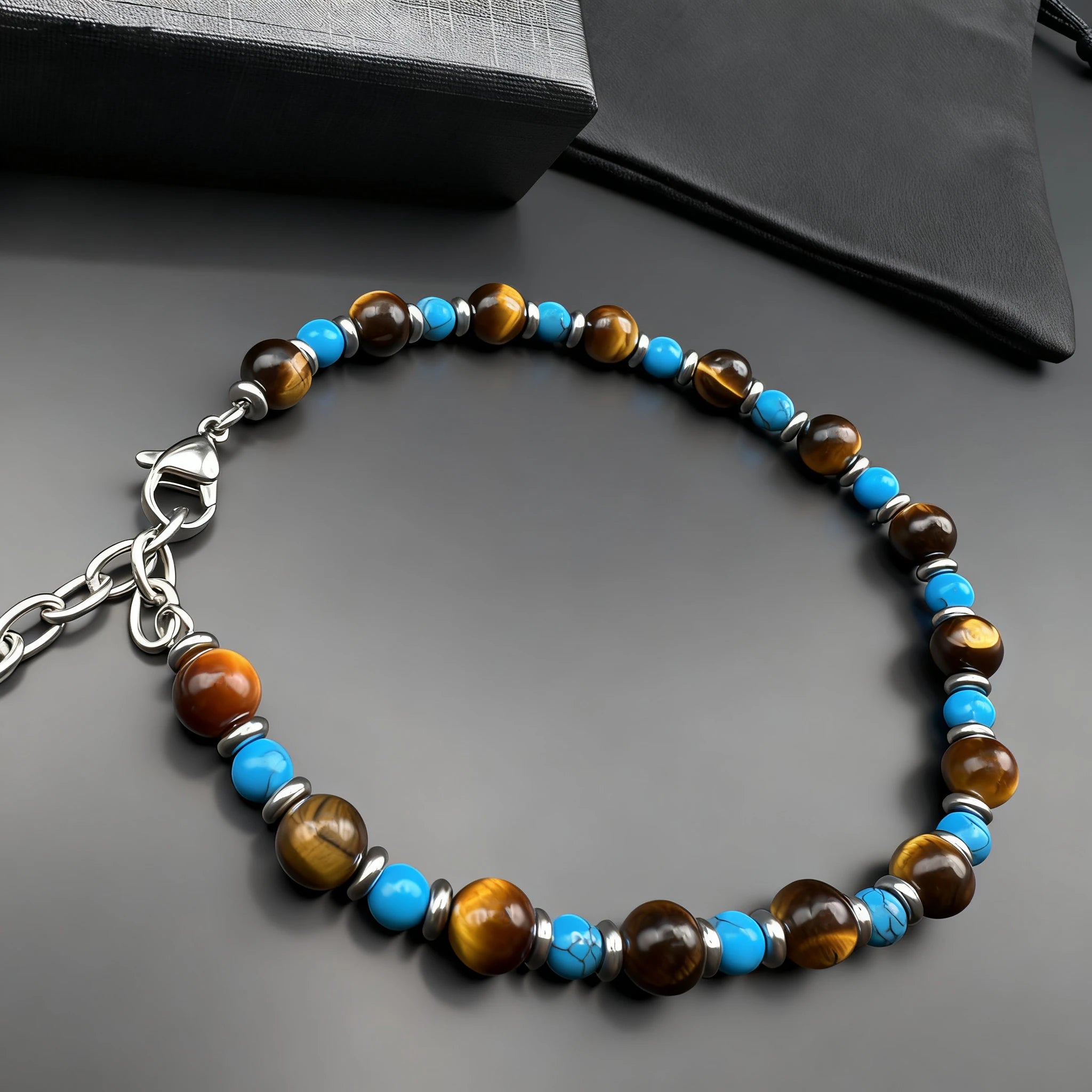 Turquoise & Tiger’s Eye Steel Spacer Bead Bracelet – | Metta Jewelry