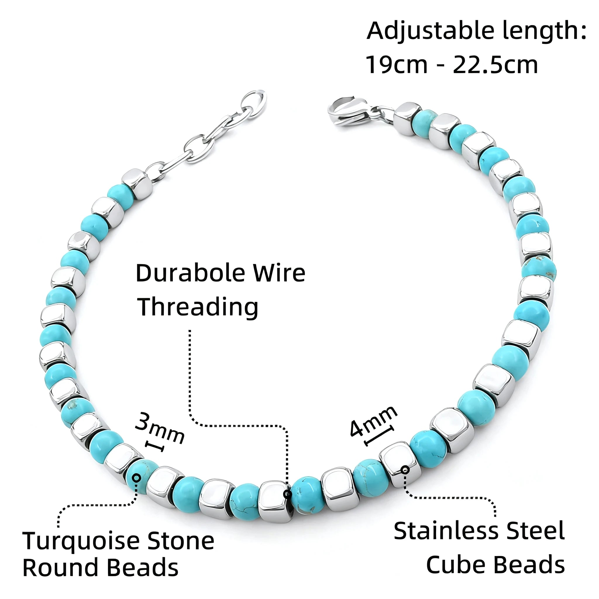 Turquoise & Cube Stainless Steel Bead Bracelet – Modern Minimal Style – | Metta Jewelry