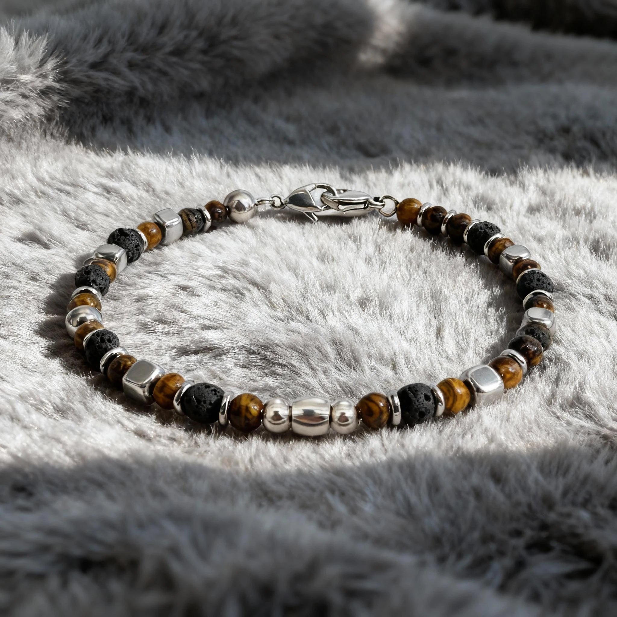 Tiger’s Eye & Volcanic Rock Steel Spacer Bead Bracelet – Modern Minimal Style – | Metta Jewelry