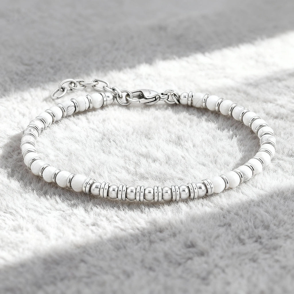 White Howlite & Stainless Steel Spacer Bead Bracelet – | Metta Jewelry