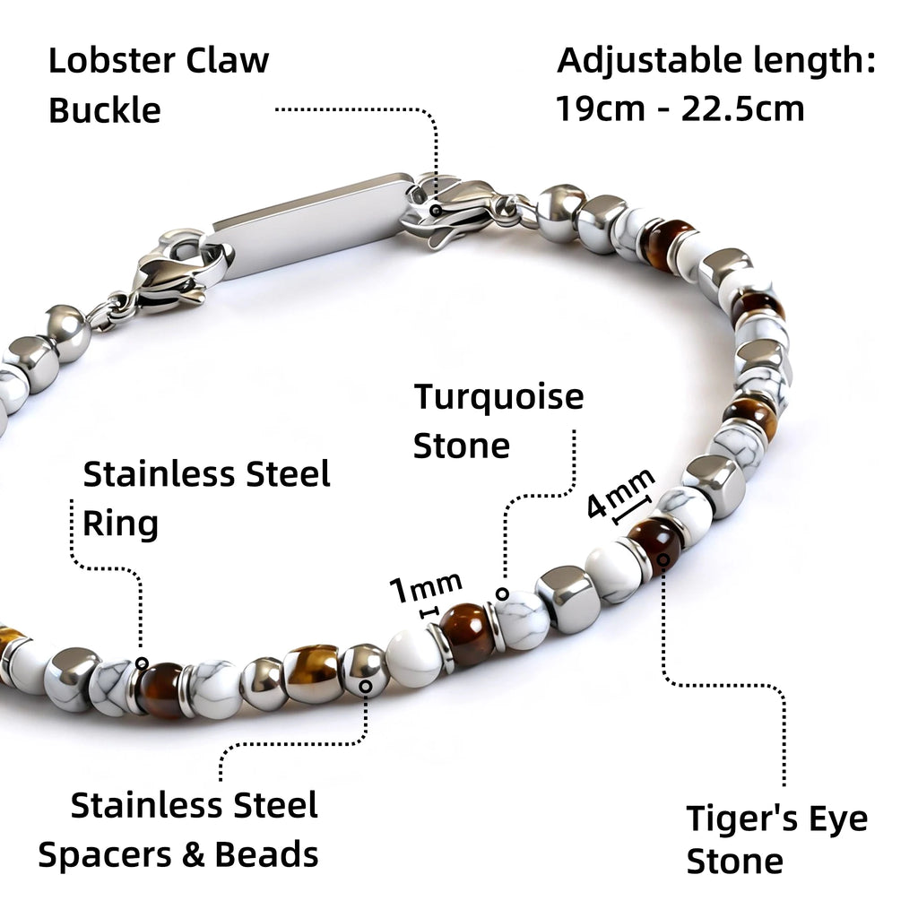 Tiger’s Eye & Turquoise Stainless Steel Bead Bracelet – Modern Minimal Style – | Metta Jewelry