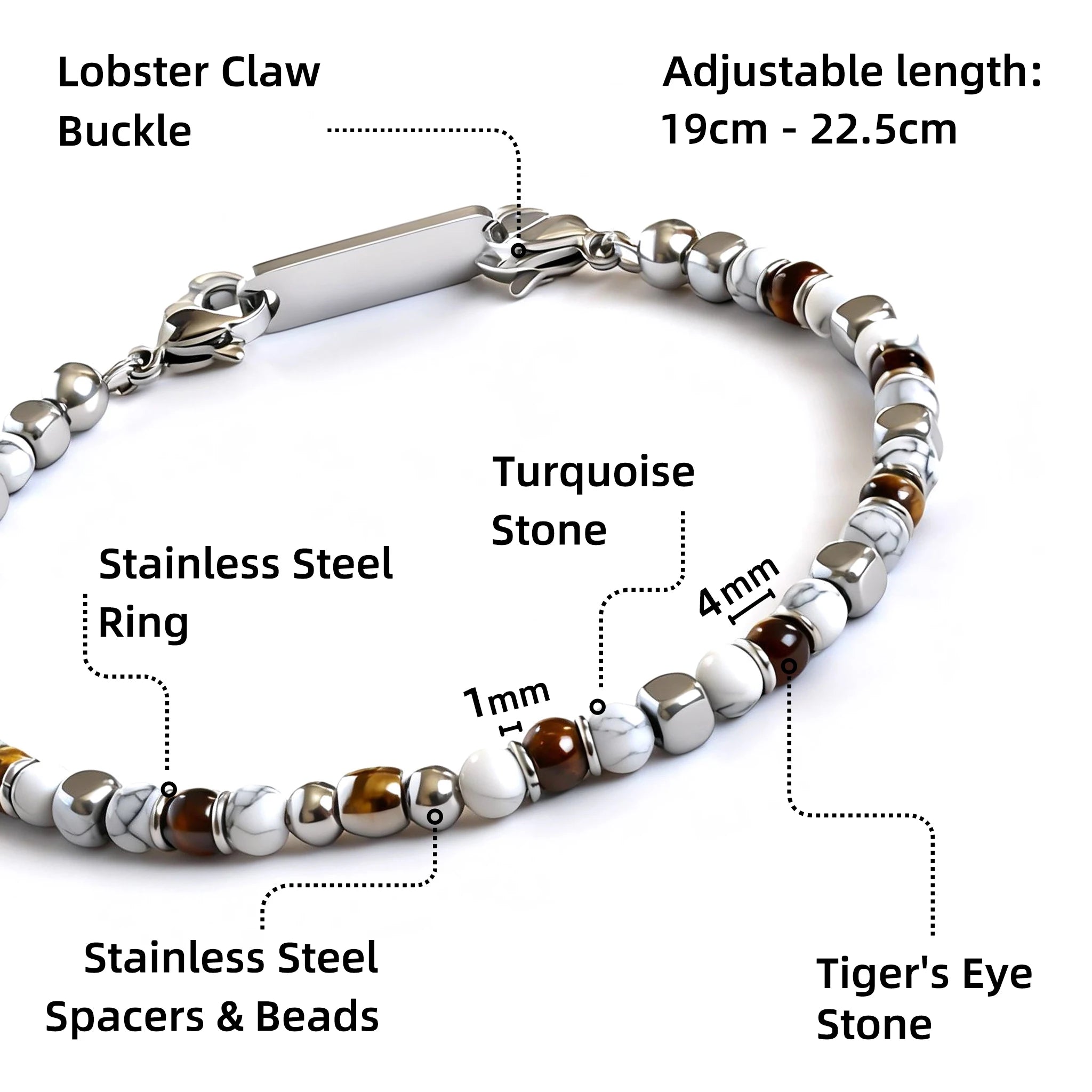 Tiger’s Eye & Turquoise Stainless Steel Bead Bracelet – Modern Minimal Style – | Metta Jewelry