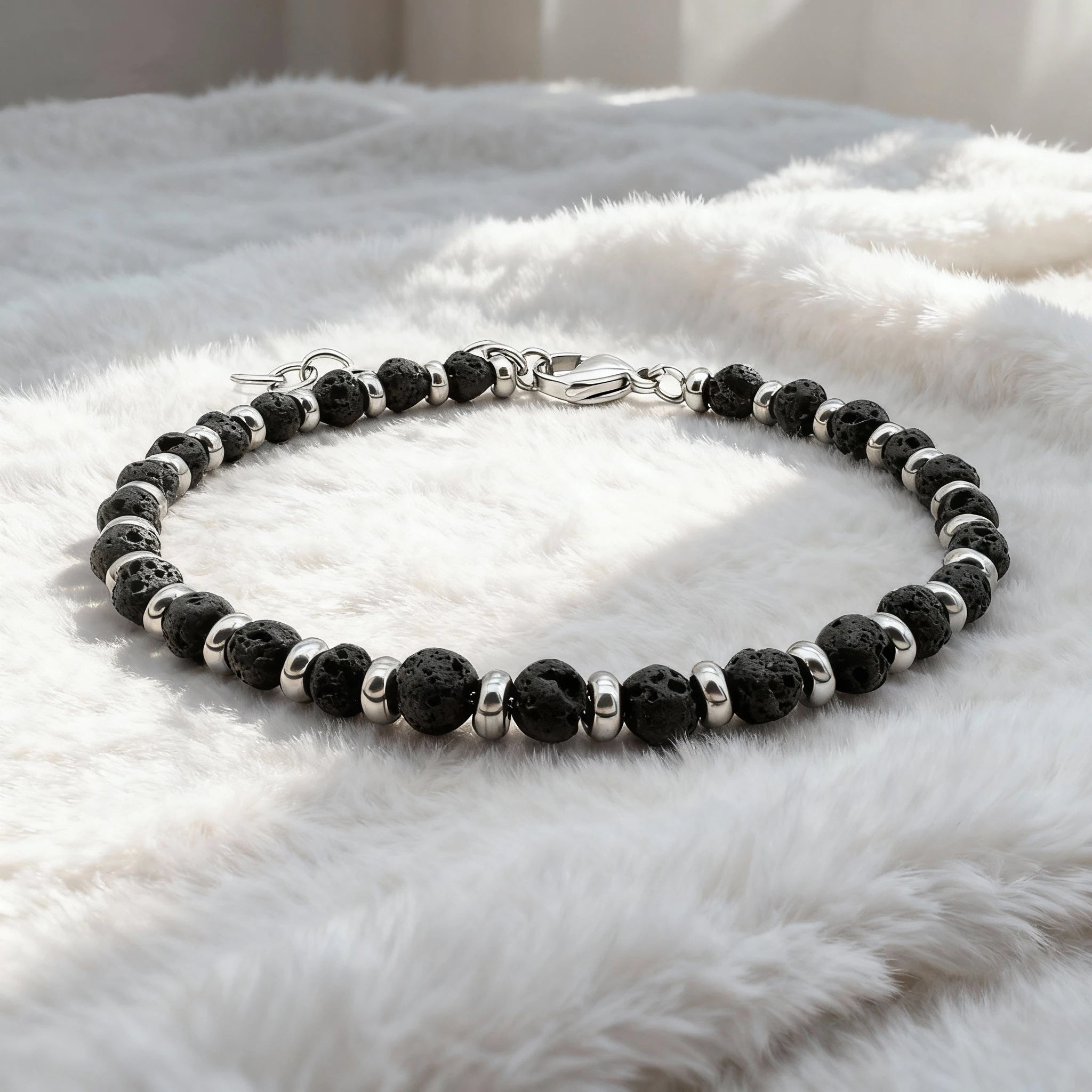 Lava Stone & Steel Spacer Bead Bracelet – Modern Minimal Style – | Metta Jewelry