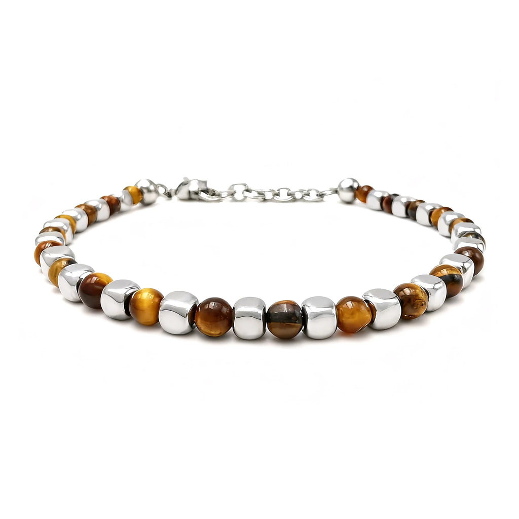 Tiger’s Eye & Stainless Steel Cube Bead Bracelet – Modern Minimal Style – | Metta Jewelry