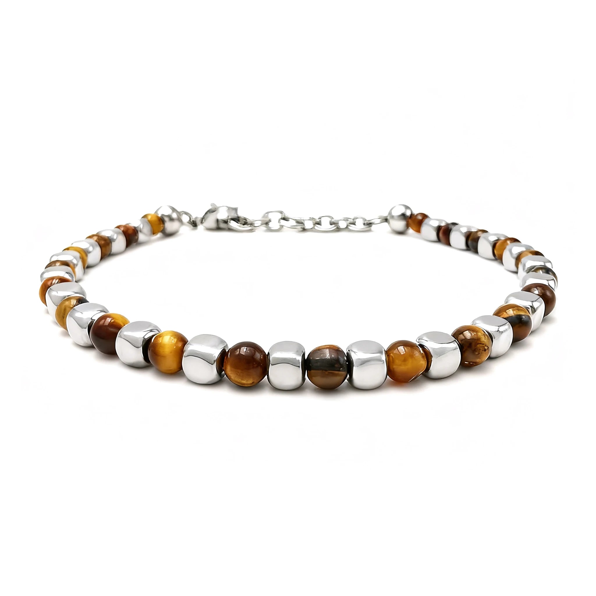 Tiger’s Eye & Stainless Steel Cube Bead Bracelet – Modern Minimal Style – | Metta Jewelry