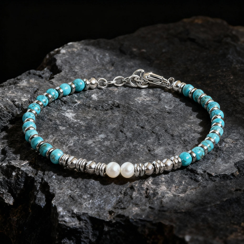 Turquoise & White Pearl Steel Ring Bead Bracelet – Modern Minimal Style – | Metta Jewelry
