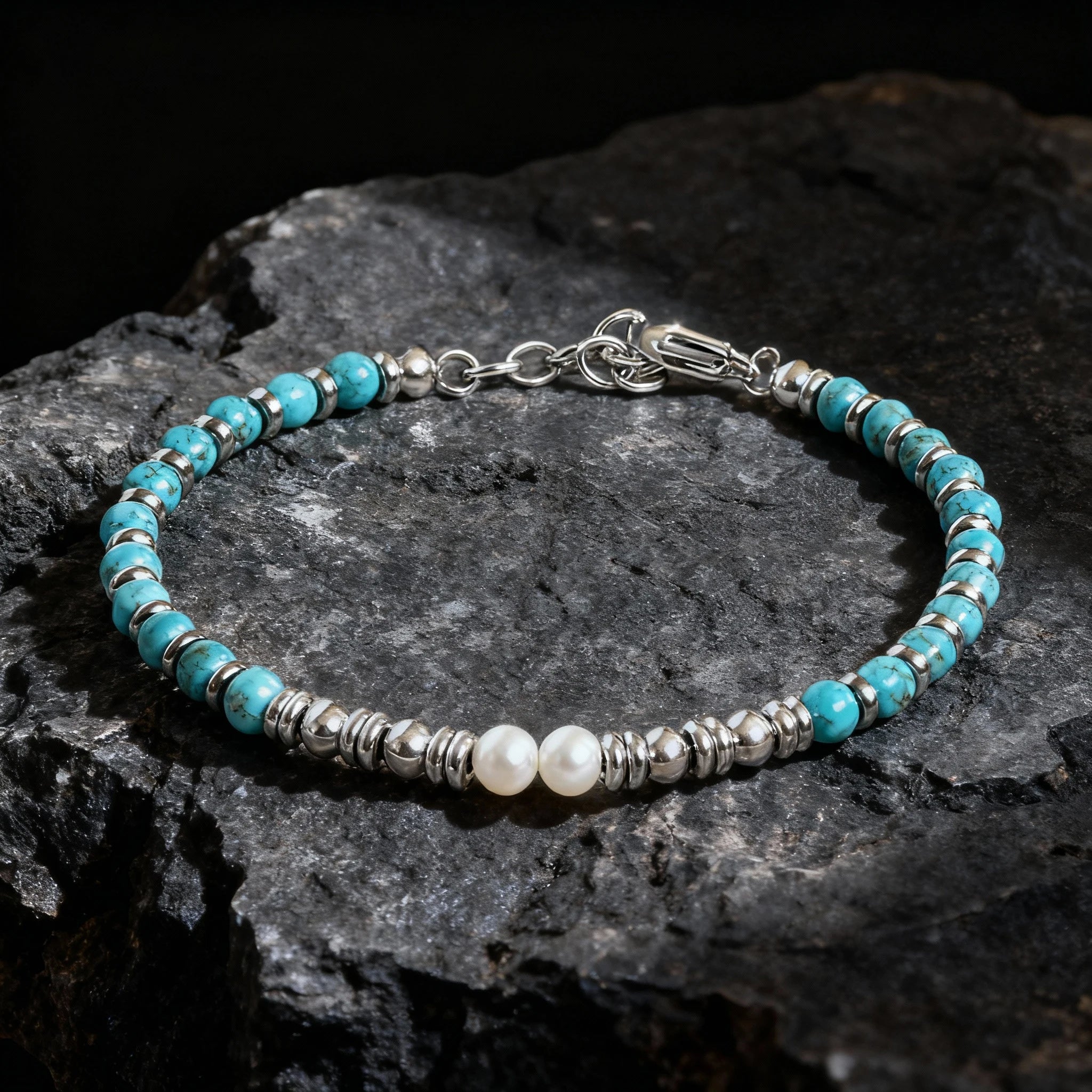 Turquoise & White Pearl Steel Ring Bead Bracelet – Modern Minimal Style – | Metta Jewelry
