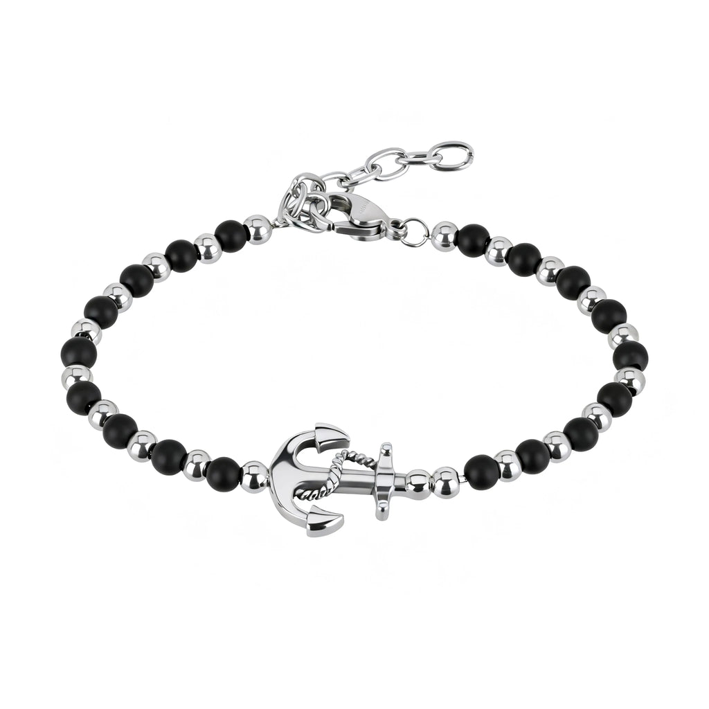 Obsidian & Stainless Steel Anchor Bead Bracelet – Modern Minimal Style – | Metta Jewelry