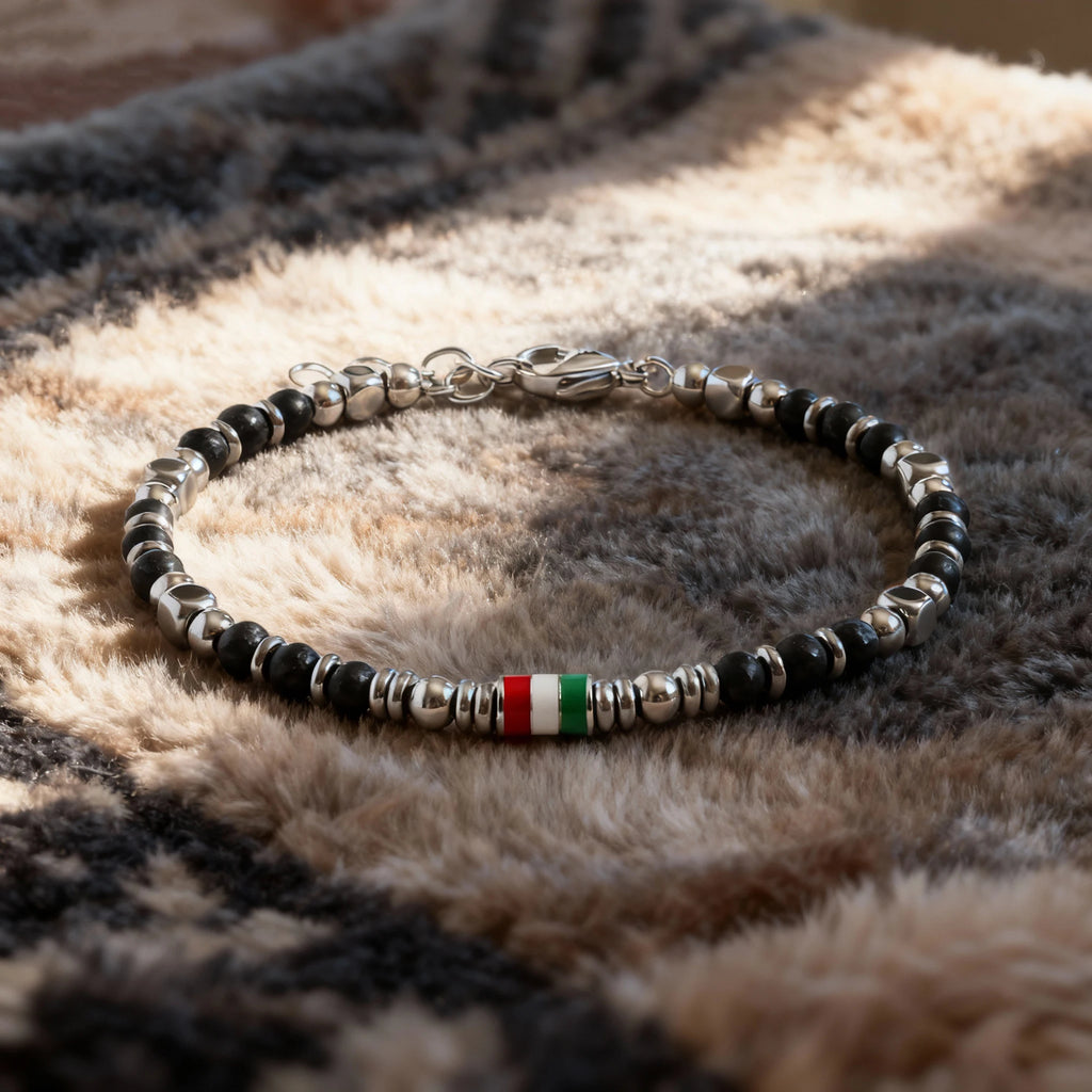 Obsidian & Steel Spacer Bead Bracelet with Flag Accent – | Metta Jewelry