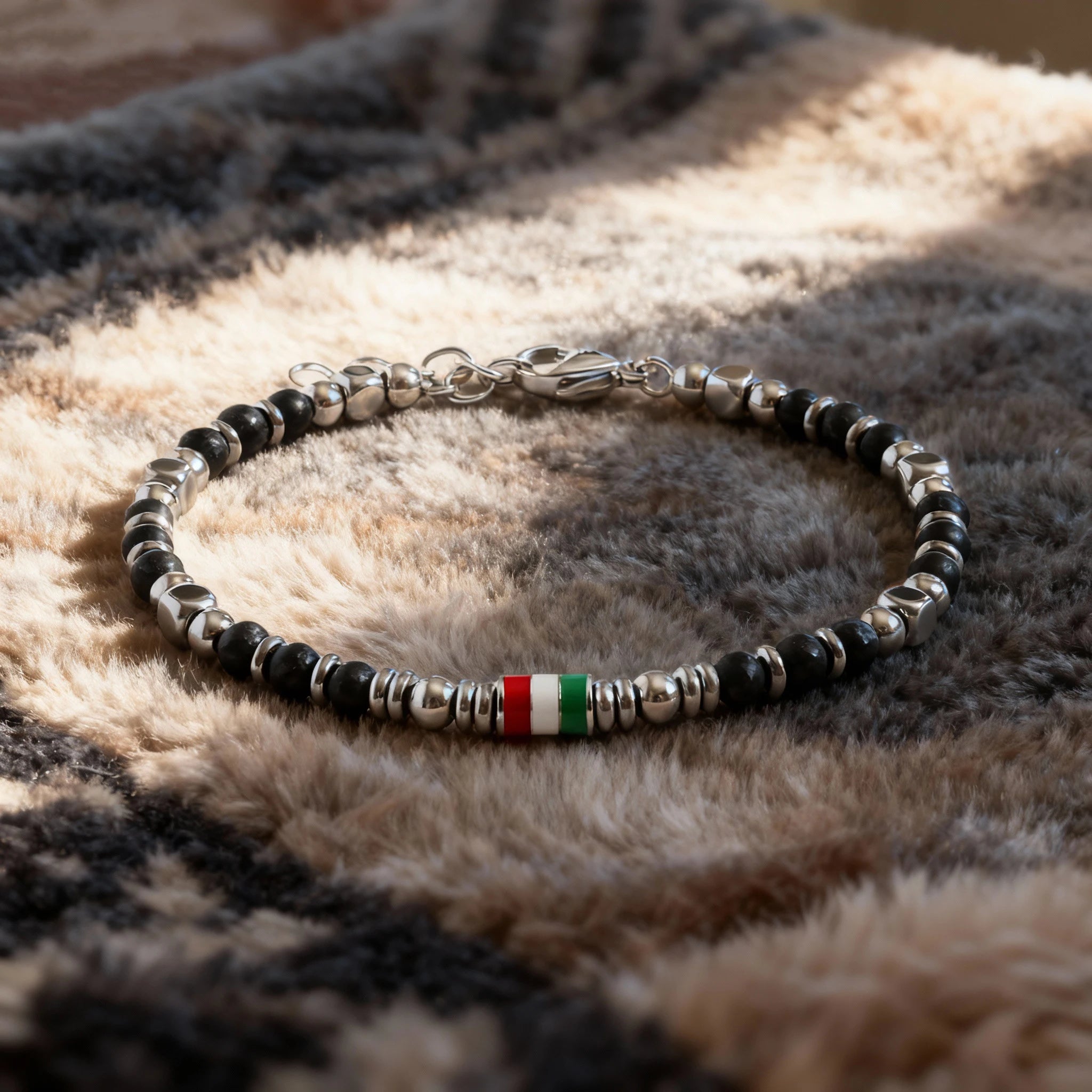 Obsidian & Steel Spacer Bead Bracelet with Flag Accent – | Metta Jewelry