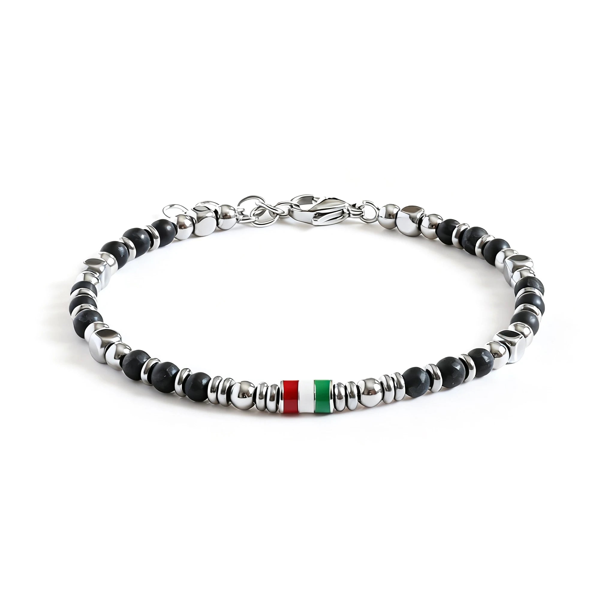 Obsidian & Steel Spacer Bead Bracelet with Flag Accent – | Metta Jewelry