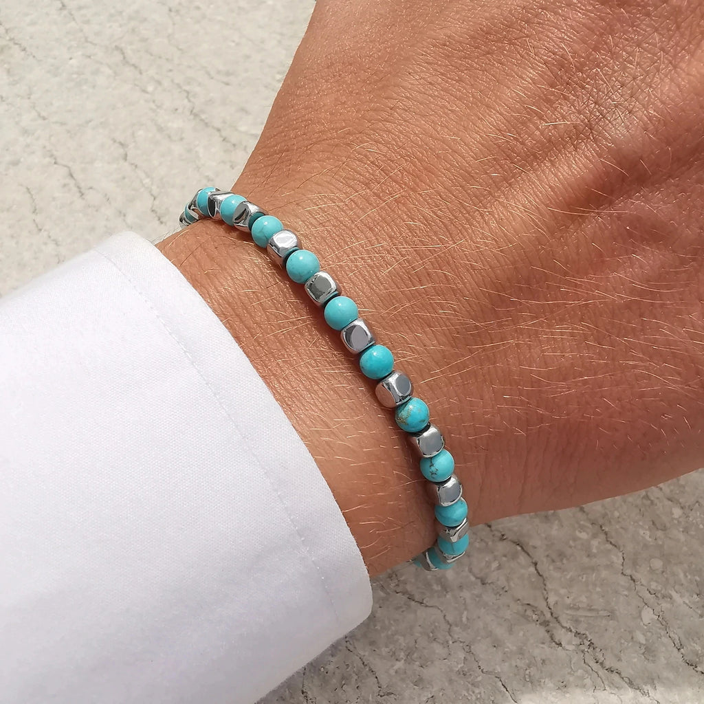 Turquoise & Cube Stainless Steel Bead Bracelet – Modern Minimal Style – | Metta Jewelry