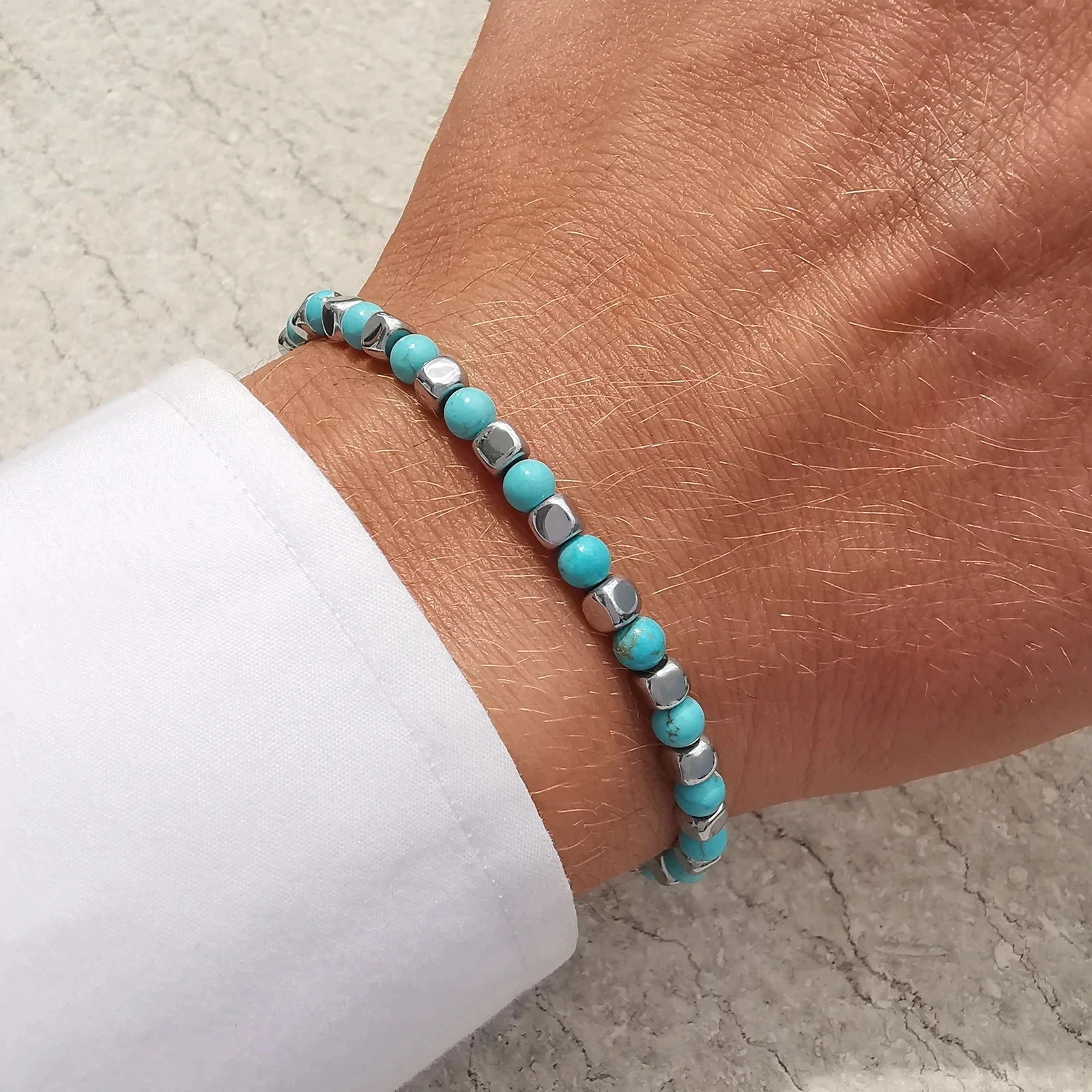 Turquoise & Cube Stainless Steel Bead Bracelet – Modern Minimal Style – | Metta Jewelry