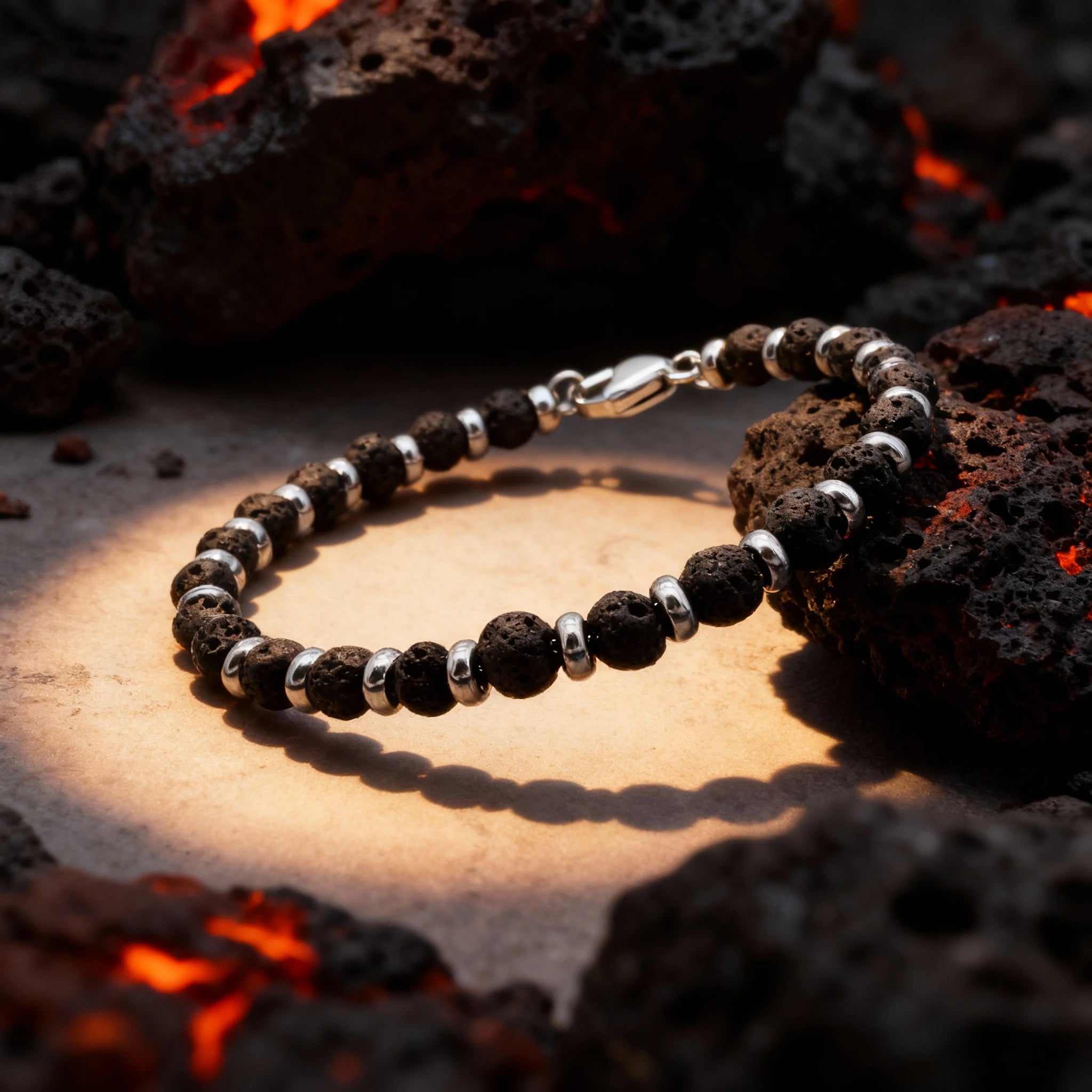 Lava Stone & Steel Spacer Bead Bracelet – Modern Minimal Style – | Metta Jewelry
