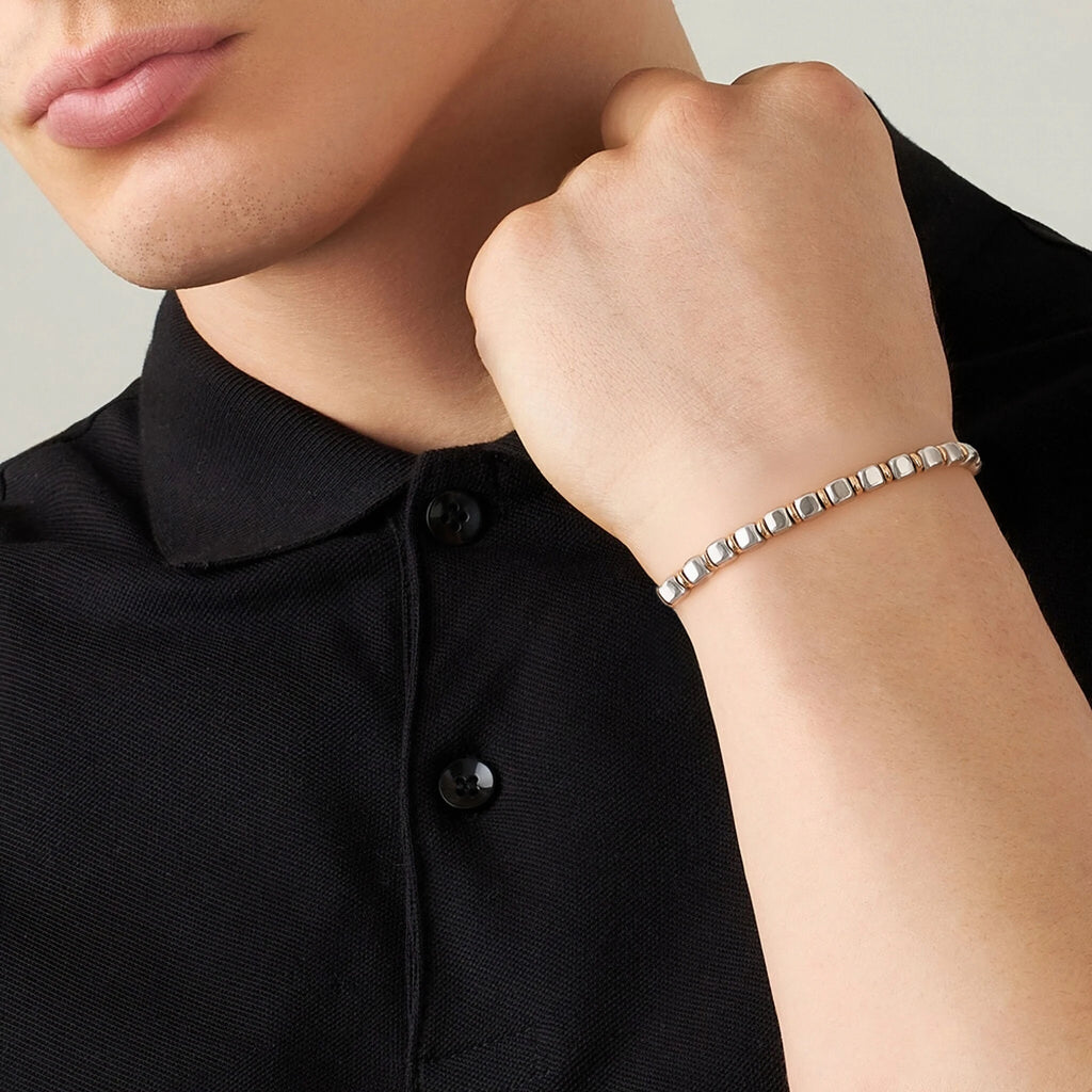 Stainless Steel & Rose Gold Ring Bead Bracelet – Modern Minimal Style – | Metta Jewelry