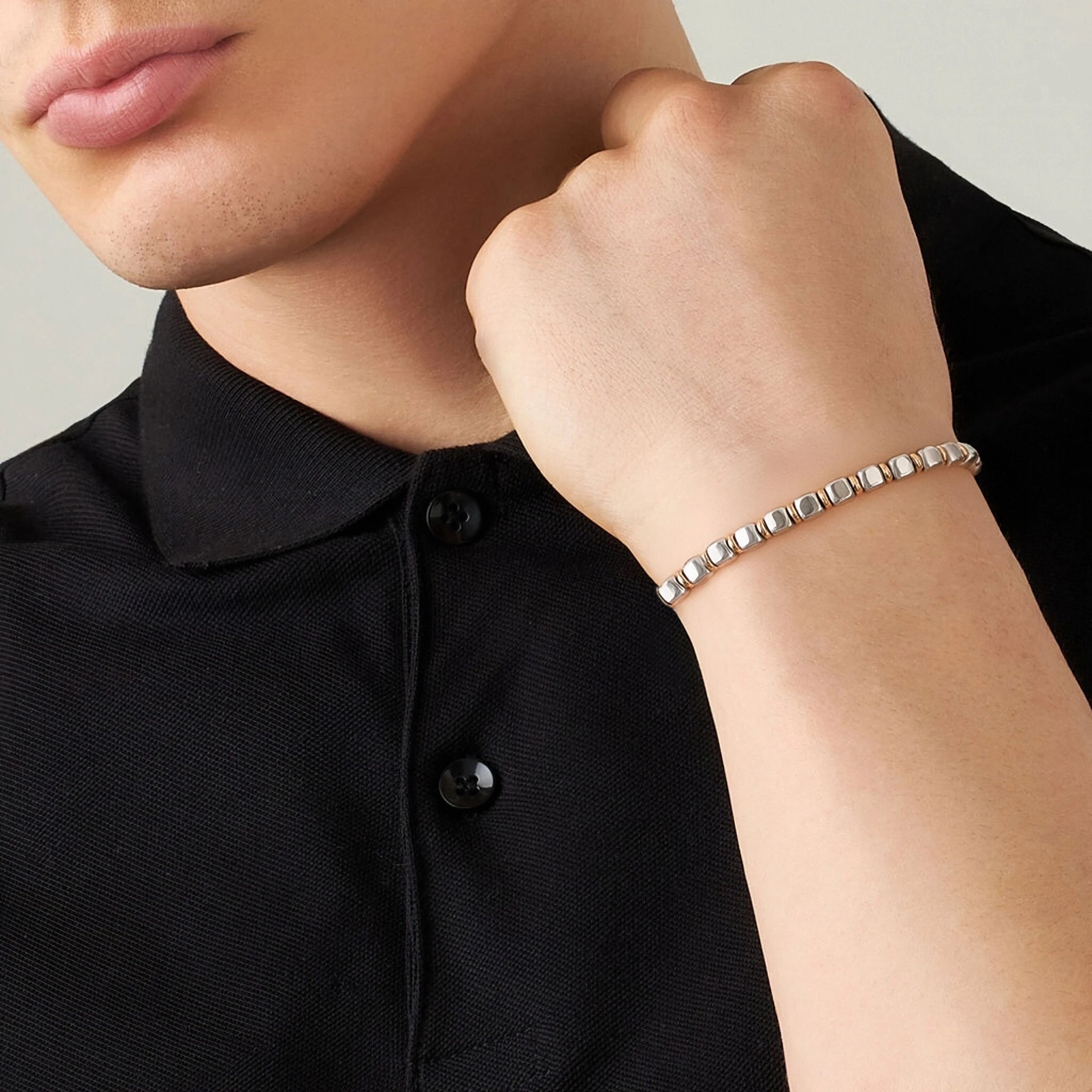 Stainless Steel & Rose Gold Ring Bead Bracelet – Modern Minimal Style – | Metta Jewelry