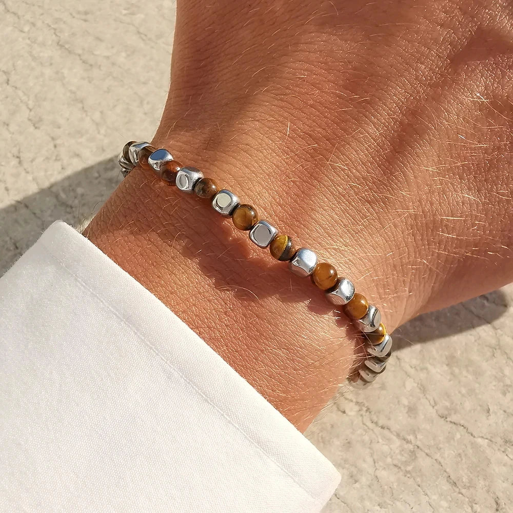 Tiger’s Eye & Stainless Steel Cube Bead Bracelet – Modern Minimal Style – | Metta Jewelry