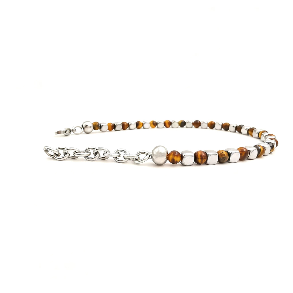 Tiger’s Eye & Stainless Steel Cube Bead Bracelet – Modern Minimal Style – | Metta Jewelry