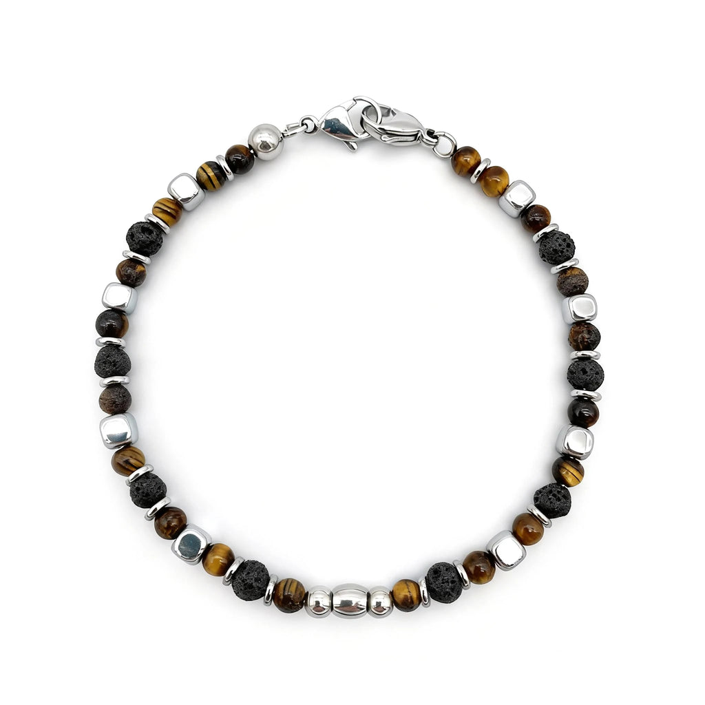 Tiger’s Eye & Volcanic Rock Steel Spacer Bead Bracelet – Modern Minimal Style – | Metta Jewelry