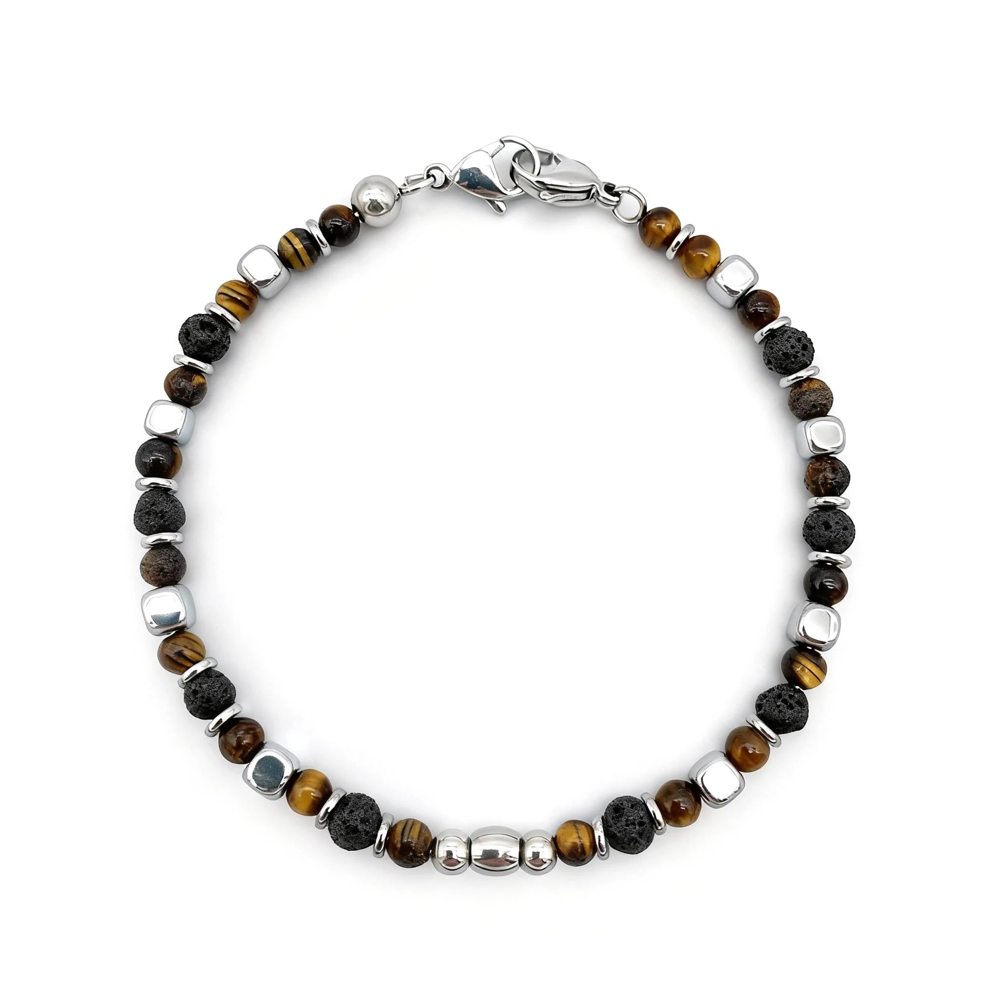 Tiger’s Eye & Volcanic Rock Steel Spacer Bead Bracelet – Modern Minimal Style – | Metta Jewelry