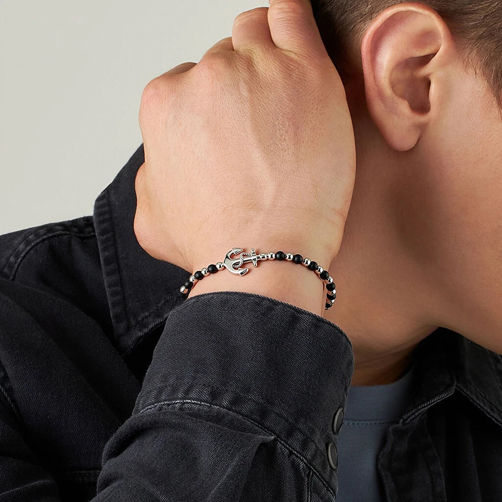 Obsidian & Stainless Steel Anchor Bead Bracelet – Modern Minimal Style – | Metta Jewelry