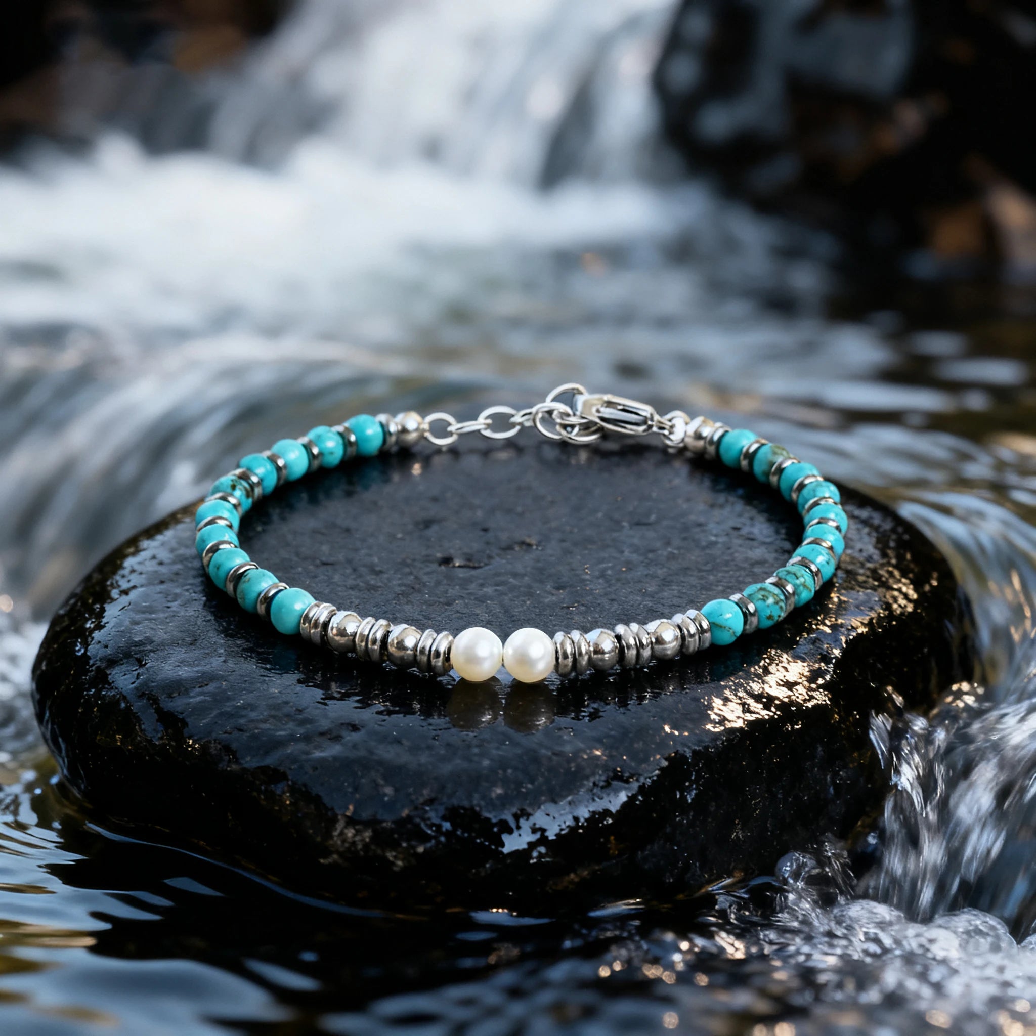 Turquoise & White Pearl Steel Ring Bead Bracelet – Modern Minimal Style – | Metta Jewelry