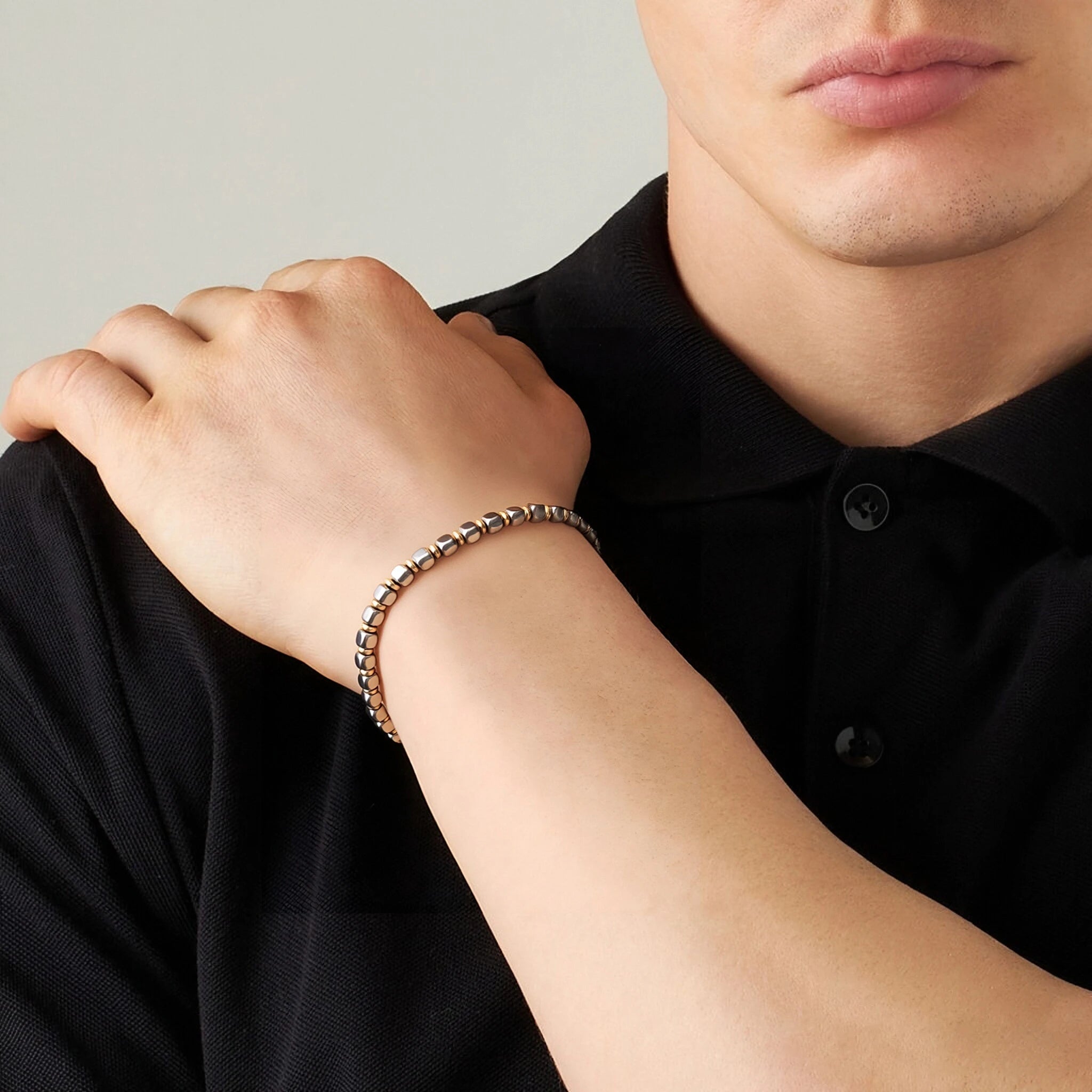 Stainless Steel & Rose Gold Ring Bead Bracelet – Modern Minimal Style – | Metta Jewelry